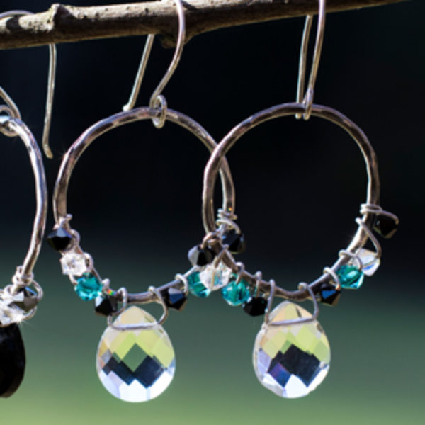Blue and White Crystal Hoop Earrings