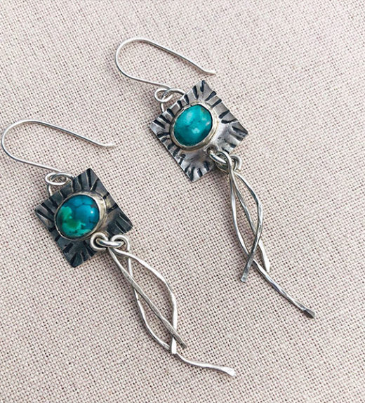 Square sterling silver earrings with gemstones