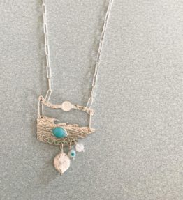 Sterling Silver Ocean Themed Necklace with Turquoise, Moonstone and Freshwater Pearl
